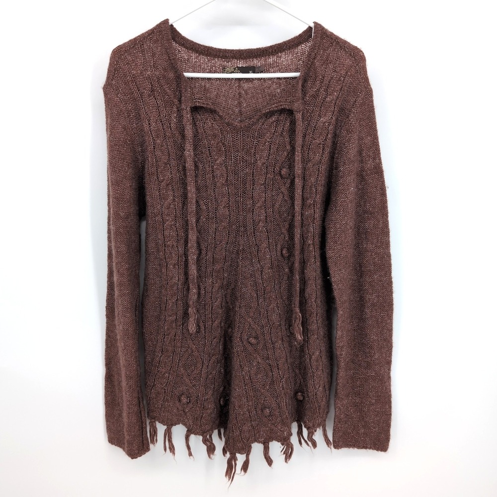 Prana Sweater Brown Cable Knit Fringe Hem Womens XL
